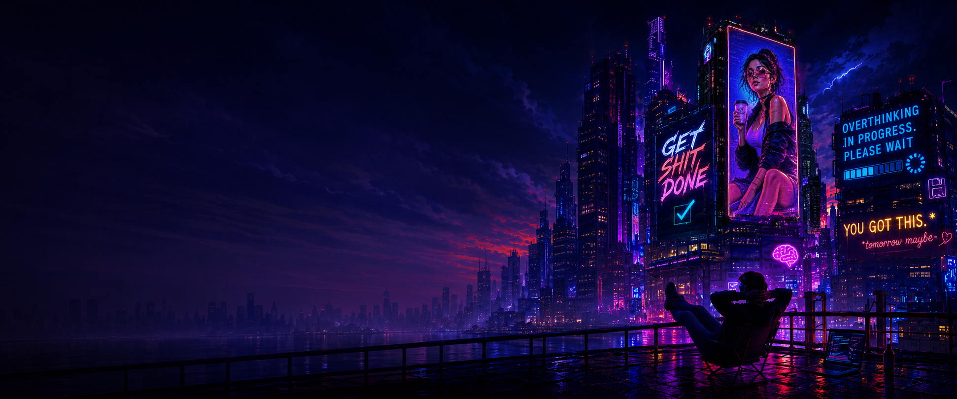 Neon cyberpunk city at night — billboards read GET SHIT DONE, OVERTHINKING IN PROGRESS. PLEASE WAIT, and YOU GOT THIS (tomorrow maybe)